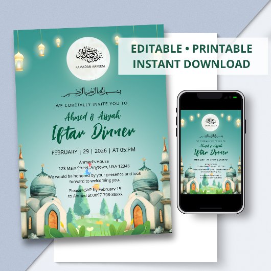 Moonlit Blue Mosque Ramadan Iftar Invitation Einladung