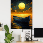 Moonlit Boat Journey - Naïf Dreamy Night Art Poster (Heimbüro)