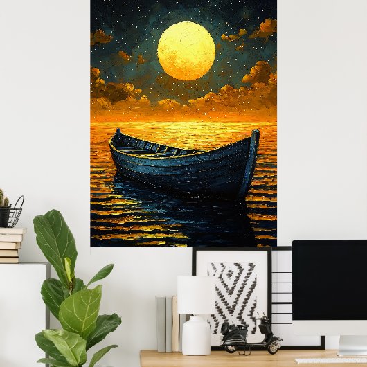 Moonlit Boat Journey - Naïf Dreamy Night Art Poster (Heimbüro)