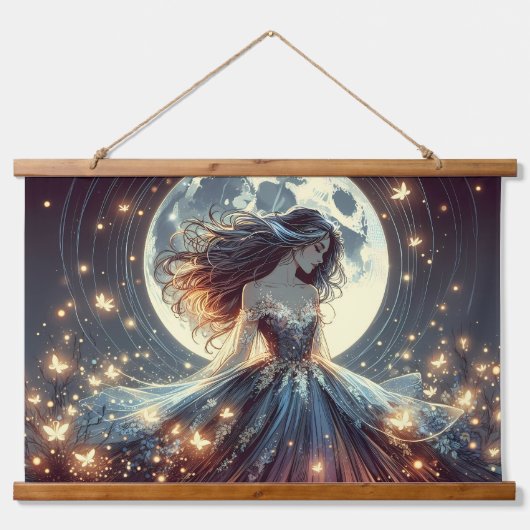 Moonlit Butterfly Enchantress Fantasy Wandteppich Mit Holzrahmen (Vorne)