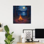 Moonlit Campfire Lake - Pastel Painting Style Art Poster (Heimbüro)