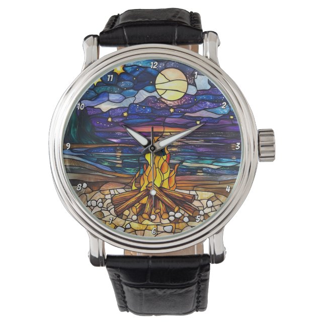 Moonlit Campfire Serenity Stained Glass Wall Armbanduhr (Vorderseite)