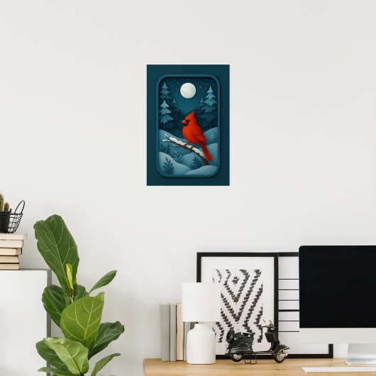 Moonlit Cardinal in Winter Forest Poster (Heimbüro)