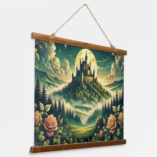 "Moonlit Castle Dreamscape" verzaubert Wandteppich Mit Holzrahmen (Gewinkelt)