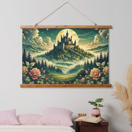 "Moonlit Castle Dreamscape" verzaubert Wandteppich Mit Holzrahmen (Schlafzimmer)