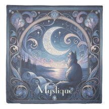 Moonlit Cat Fantasy Blue Art Nouveau Design