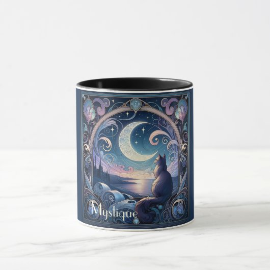 Moonlit Cat Fantasy Blue Art Nouveau Tasse (Zentrum)