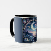 Moonlit Cat Fantasy Blue Art Nouveau Tasse (Vorderseite Links)