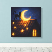 Moonlit Cat on Starry Rooftop Leinwanddruck (Insitu (Holzboden))