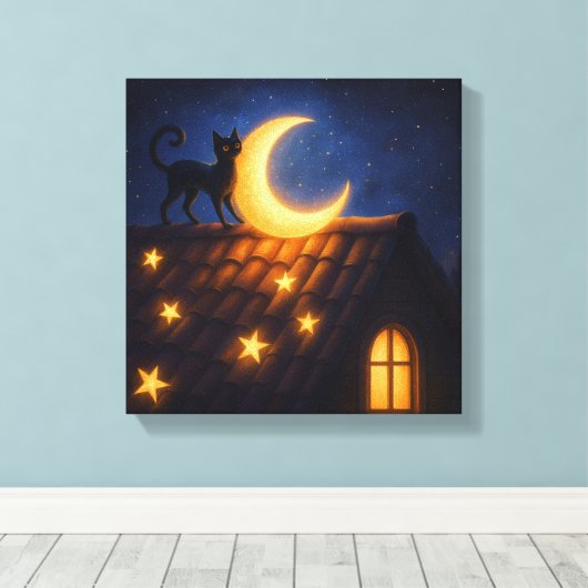 Moonlit Cat on Starry Rooftop Leinwanddruck (Insitu (Holzboden))
