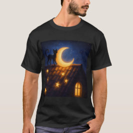 Moonlit Cat on Starry Rooftop T-Shirt