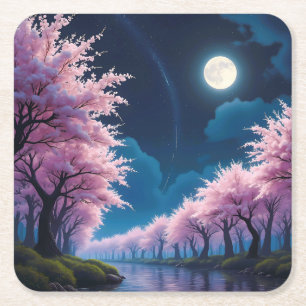 Moonlit Cherry Blossom Anime Landschaft Rechteckiger Pappuntersetzer
