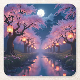 Moonlit Cherry Blossom Lanterns - Anime Landschaft Rechteckiger Pappuntersetzer