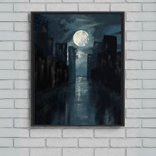Moonlit City Night - Dark Blue Leinwand Wall Art