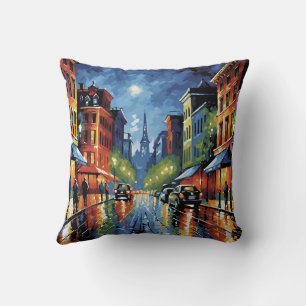 Moonlit City Street Kissen