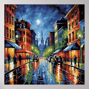 Moonlit City Street Poster