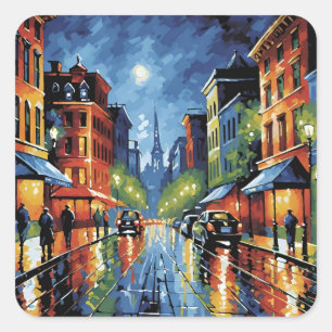 Moonlit City Street Quadratischer Aufkleber