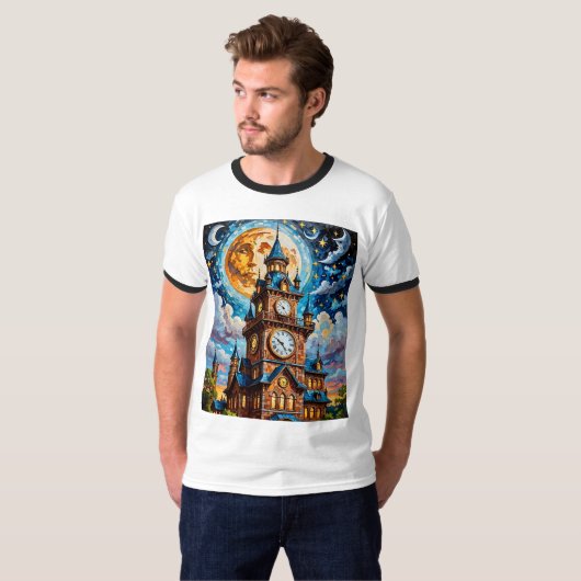 Moonlit Clock Tower Fantasy Art Tshirt (Vorne ganz)