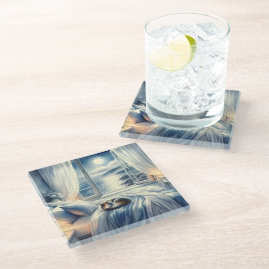 Moonlit Coastal Bedroom with Sleeping Cat Glasuntersetzer (Schrägansicht)