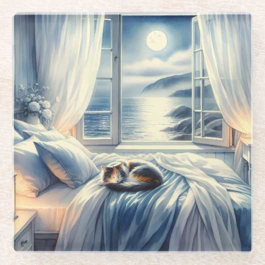 Moonlit Coastal Bedroom with Sleeping Cat Glasuntersetzer (Vorderseite)