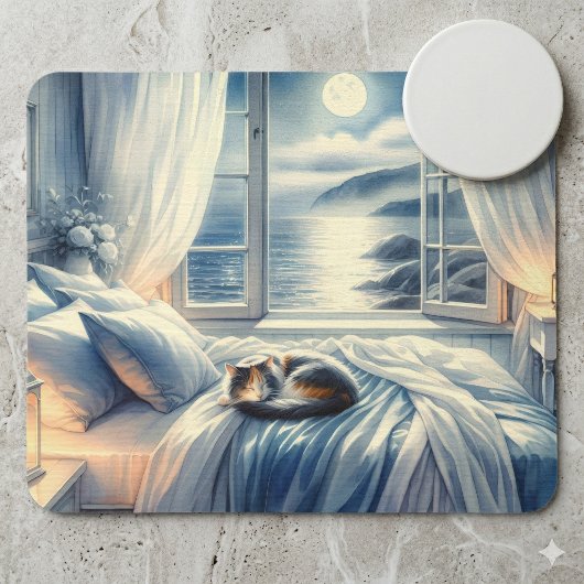 Moonlit Coastal Bedroom with Sleeping Cat Mousepad