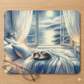 Moonlit Coastal Bedroom with Sleeping Cat Mousepad