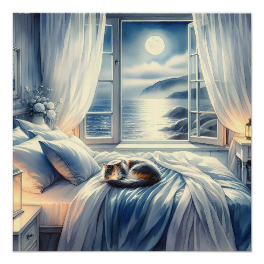 Moonlit Coastal Bedroom with Sleeping Cat Poster (Vorderseite)