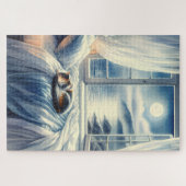 Moonlit Coastal Bedroom with Sleeping Cat Puzzle (Horizontal)