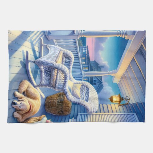 Moonlit Coastal Porch mit Hund & Ocean View Geschirrtuch (Horizontal)