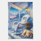 Moonlit Coastal Porch mit Hund & Ocean View Geschirrtuch (Vertikal)