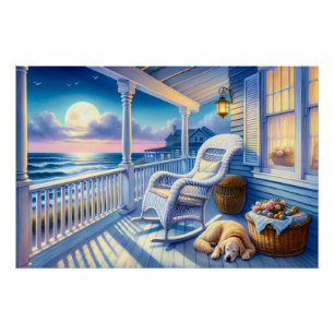 Moonlit Coastal Porch mit Hund & Ocean View Poster