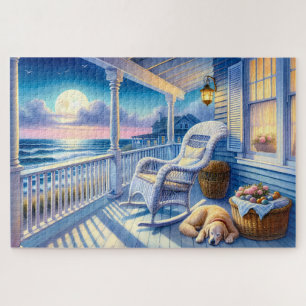 Moonlit Coastal Porch mit Hund & Ocean View Puzzle