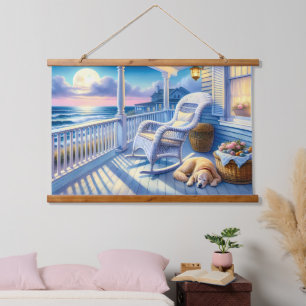 Moonlit Coastal Porch mit Hund & Ocean View Wandteppich Mit Holzrahmen