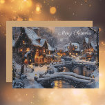 Moonlit Cosy Snow Covered Christmas Village Feiertagskarte<br><div class="desc">Diese bezaubernde Urlaubskarte bietet eine faszinierende Aquarellbild eines schneebedeckten Dorfes, das in sanftem Mondlicht und funkelnden Lichtern badet. Brücken führen über einen reflektierenden Bach und sorgen für eine ruhige und nostalgische Atmosphäre. Mit einem eigenen "Frohen Weihnachten"-Skript auf der Vorderseite und einem soliden Hintergrund und einem anpassbaren Text auf der Rückseite,...</div>