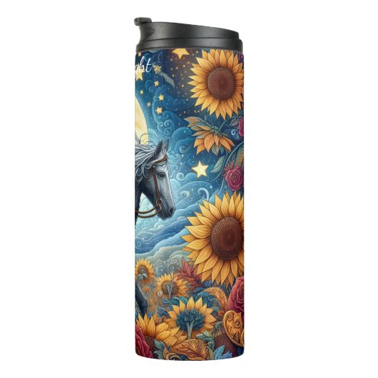 Moonlit Cowgirl Sonnenblume Pferdereiten Thermosbecher (Nach rechts gedreht)
