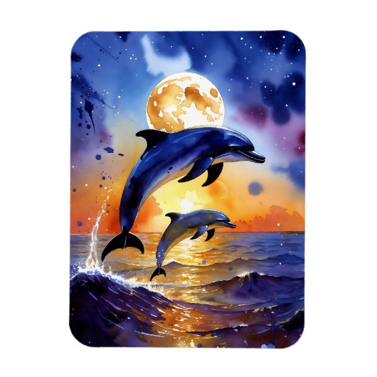 Moonlit Dolphin Dreams Over Sunset Ocean Magnet (Vertikal)