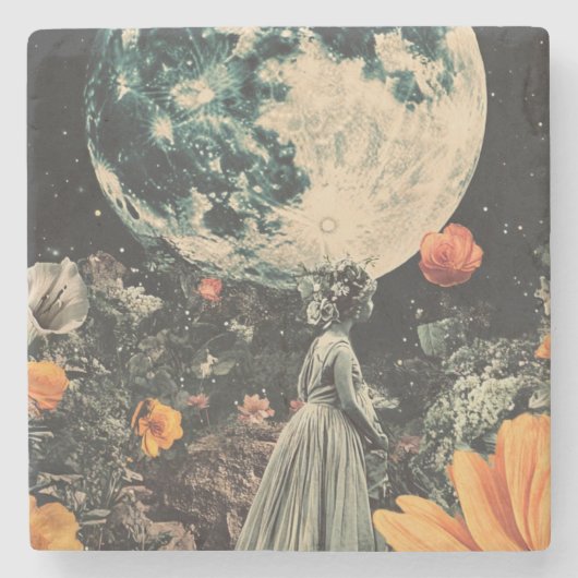 Moonlit Elegance - Frau mit Mond (3) Steinuntersetzer (Vorderseite)