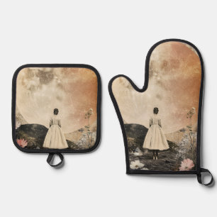 Moonlit Elegance - Zurück zur Frau mit dem Mond 2 Ofenhandschuh & Topflappen-Set