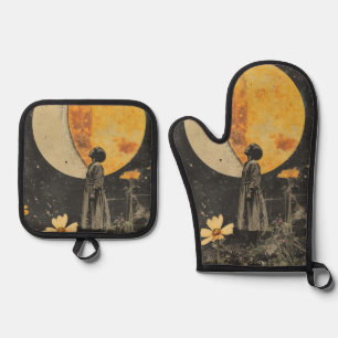 Moonlit Elegante - Frau mit dem Mond Ofenhandschuh & Topflappen-Set