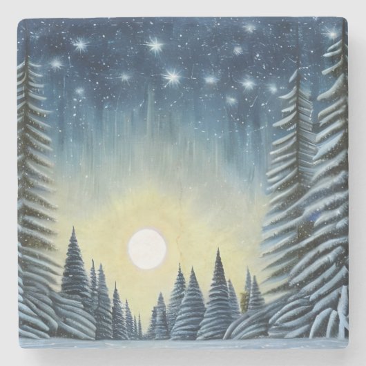 Moonlit Evergreen Snowscape Under The Night Stars Steinuntersetzer (Vorderseite)