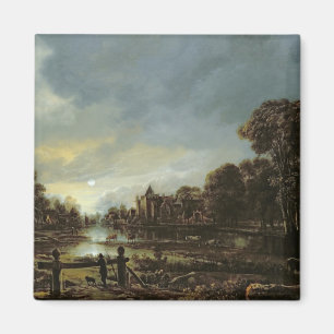 Moonlit Fluss-Landschaft mit Hütten Magnet