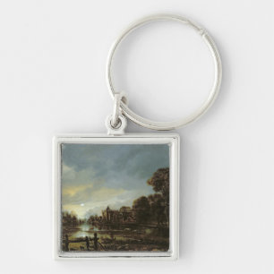 Moonlit Fluss-Landschaft mit Hütten Schlüsselanhänger
