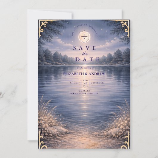 Moonlit Forest Lake Romance Wedding Save The Date (Vorderseite)