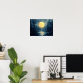 Moonlit Forest Reflection - Abstrakt Blue & Gold Poster (Heimbüro)