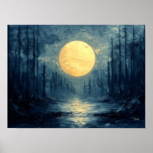 Moonlit Forest Reflection - Abstrakt Blue & Gold Poster