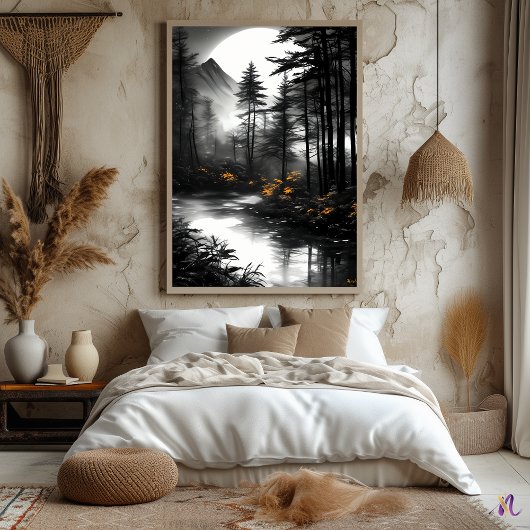 Moonlit Forest Reflection - monochrome Gelassenhei Poster