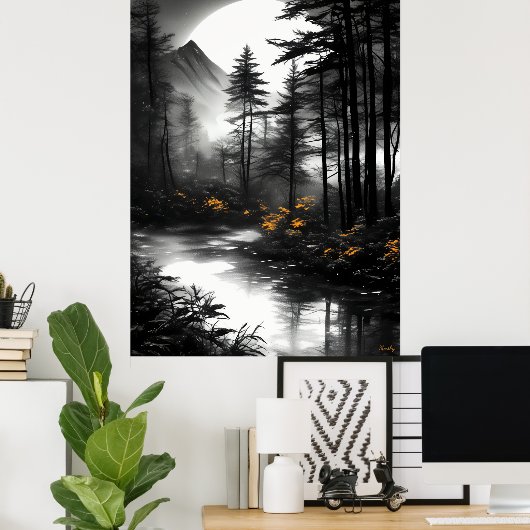 Moonlit Forest Reflection - monochrome Gelassenhei Poster (Heimbüro)