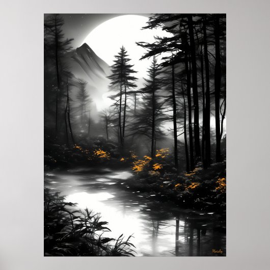 Moonlit Forest Reflection - monochrome Gelassenhei Poster (Vorne)