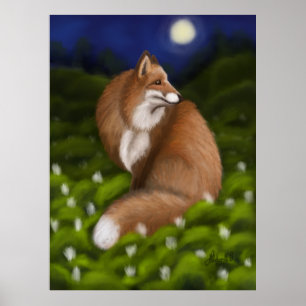 Moonlit Fox in Mitternachtswald Poster
