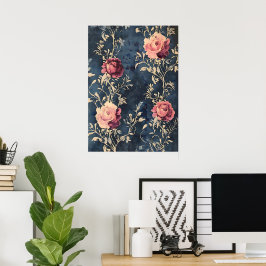Moonlit Garden - Vintage Rose in Midnight Blue Poster